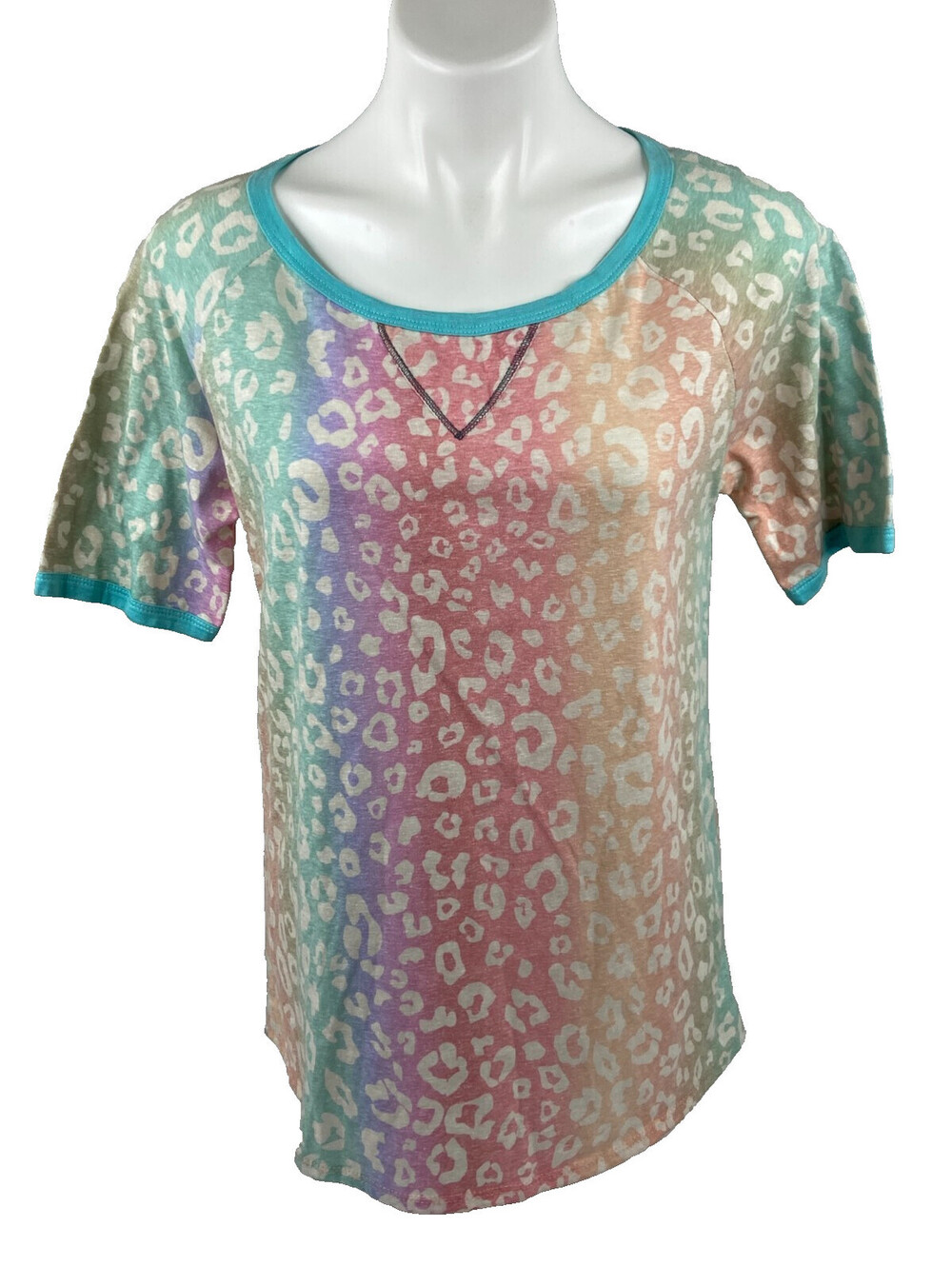Bibi Women Small Rainbow Leopard Print Top T Shirt Multi Color Casual NWT
